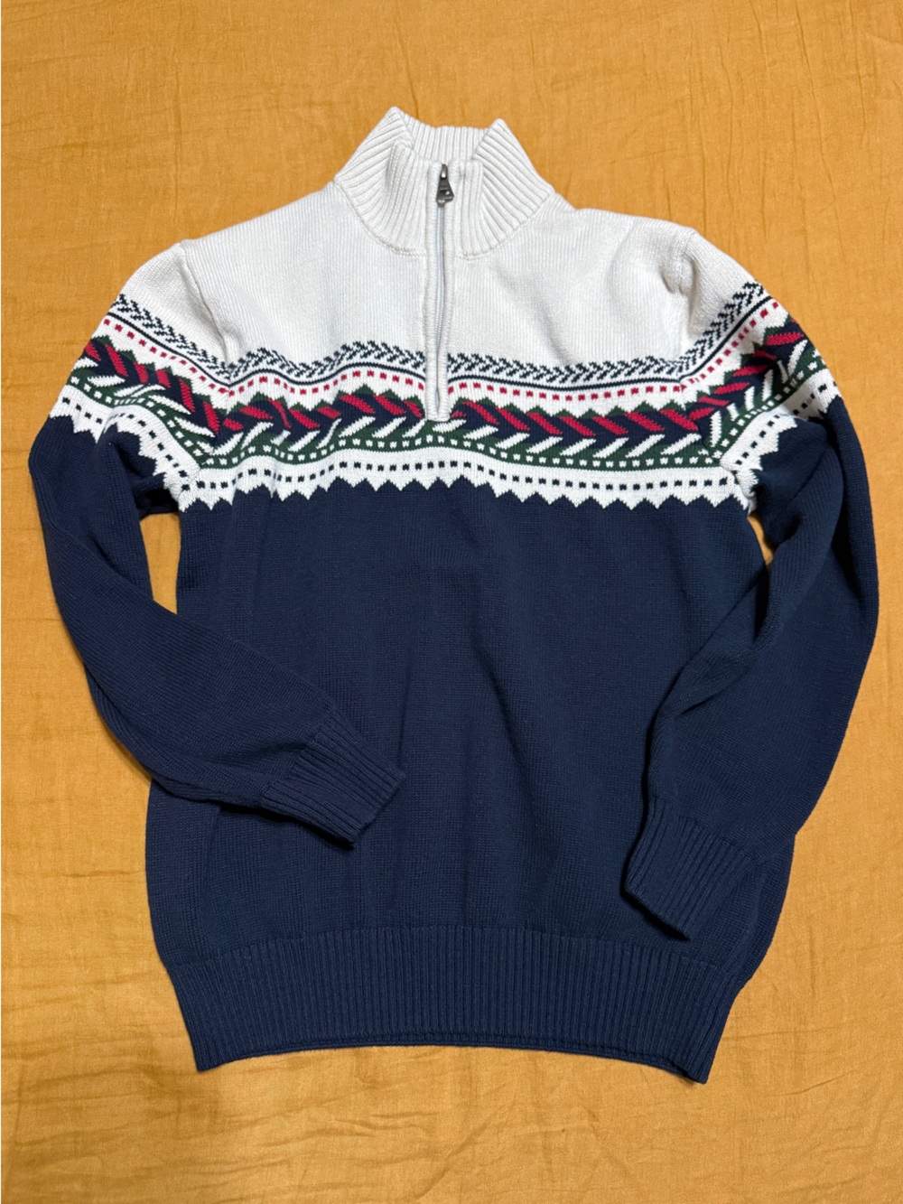 Weatherproof Navy Fair Isle Cowl Neck Sweater with Red and Green Accents